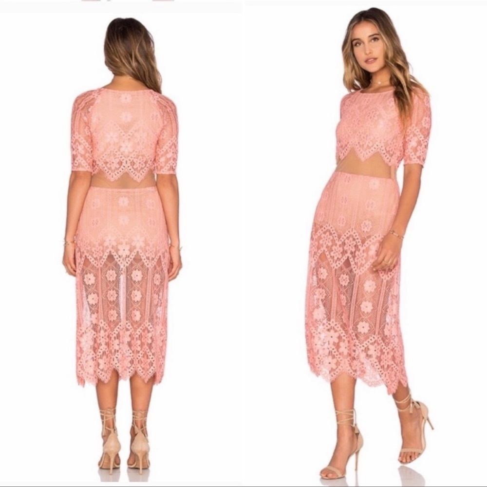 For Love and Lemons Lace Illusion Pink Midi Dress - Picture 2 of 10